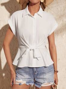 SHEIN Clasi Batwing Sleeve Knot Front Shirt - White - View 6