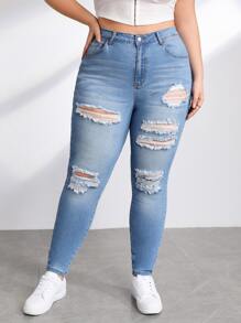 SHEIN Essnce Plus Ripped Skinny Jeans - Light Wash - View 1