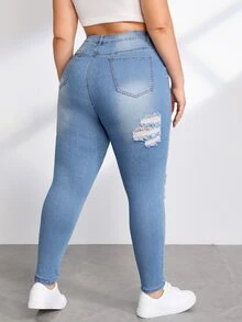 SHEIN Essnce Plus Ripped Skinny Jeans - Light Wash - View 2
