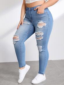 SHEIN Essnce Plus Ripped Skinny Jeans - Light Wash - View 3