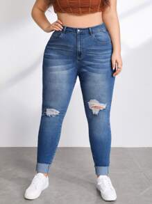 大碼高腰破洞緊身牛仔褲 - 淺色水洗藍 - 查看 1