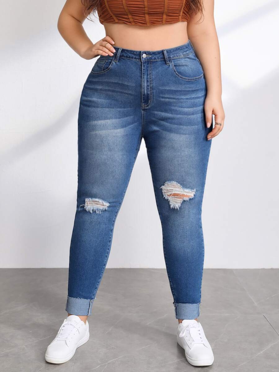 大碼高腰破洞緊身牛仔褲 - 淺色水洗藍 - 查看 1