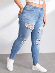 SHEIN Essnce Plus Ripped Skinny Jeans - Light Wash - View 5