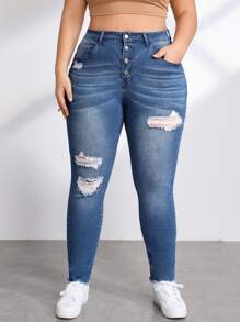 Plus Button Fly Ripped Skinny Jeans - Medium Wash - View 1