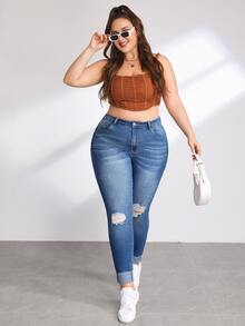 大碼高腰破洞緊身牛仔褲 - 淺色水洗藍 - 查看 3