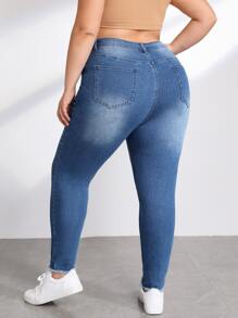 Plus Button Fly Ripped Skinny Jeans - Medium Wash - View 2