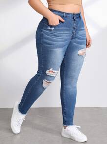 Plus Button Fly Ripped Skinny Jeans - Medium Wash - View 3