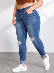 大碼高腰破洞緊身牛仔褲 - 淺色水洗藍 - 查看 5