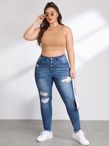 Plus Button Fly Ripped Skinny Jeans - Medium Wash - View 4