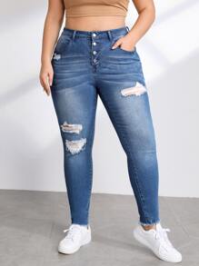 Plus Button Fly Ripped Skinny Jeans - Medium Wash - View 5