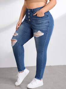 Plus Button Fly Ripped Skinny Jeans - Medium Wash - View 6