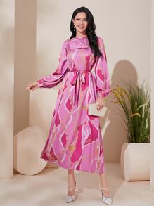 Modelyn Chain Print Lantern Sleeve Belted Dress - Pink - View 2