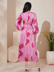 Modelyn Chain Print Lantern Sleeve Belted Dress - Pink - View 3