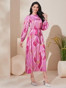 Modelyn Chain Print Lantern Sleeve Belted Dress - Pink - View 5