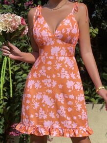 SHEIN WYWH Vestido de tirantes con estampado floral de hombros con cordón bajo con fruncido - Naranja - Ver 1