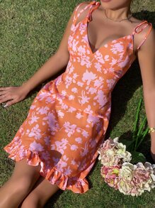 SHEIN WYWH Vestido de tirantes con estampado floral de hombros con cordón bajo con fruncido - Naranja - Ver 3