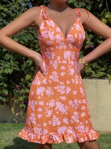 SHEIN WYWH Vestido de tirantes con estampado floral de hombros con cordón bajo con fruncido - Naranja - Ver 6