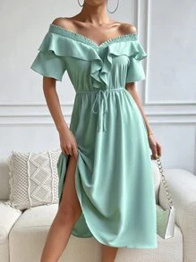 SHEIN Privé Vestido de hombros descubiertos ribete con fruncido de cintura con nudo - Verde - Ver 1