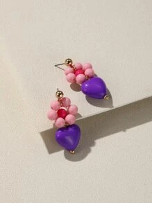 Heart & Flower Decor Drop Earrings - Multicolor - View 1