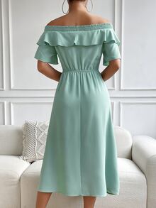SHEIN Privé Vestido de hombros descubiertos ribete con fruncido de cintura con nudo - Verde - Ver 2