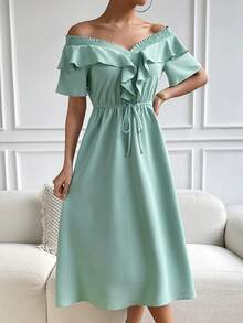 SHEIN Privé Vestido de hombros descubiertos ribete con fruncido de cintura con nudo - Verde - Ver 3