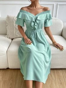 SHEIN Privé Vestido de hombros descubiertos ribete con fruncido de cintura con nudo - Verde - Ver 6