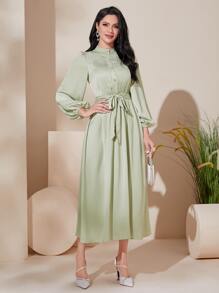 Modelyn Lantern Sleeve Belted Dress - Mint Green - View 1