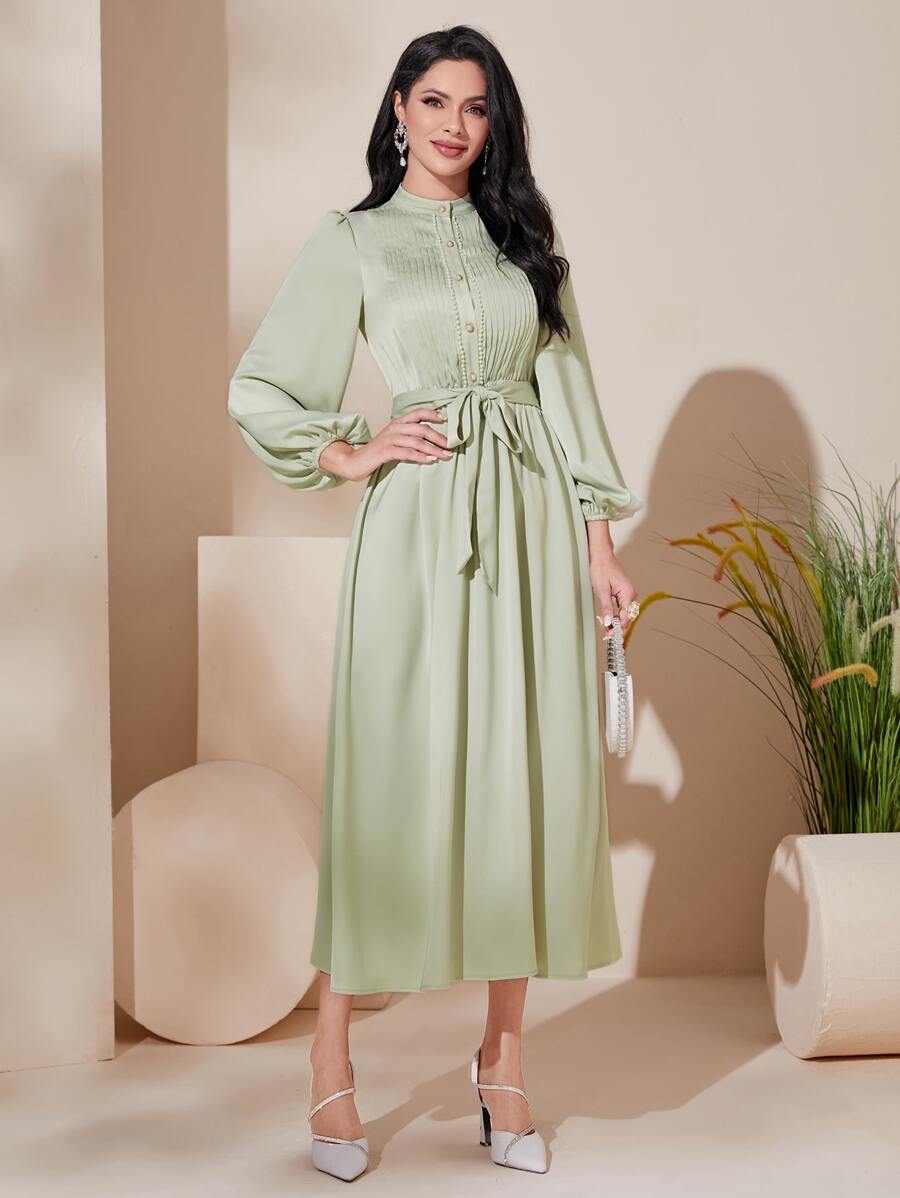 Modelyn Lantern Sleeve Belted Dress - Mint Green - View 1