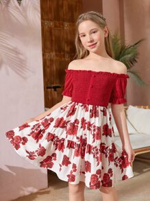 SHEIN Đầm Gái viền lá sen Viên lá sen Dải chun Nút phía trước Hoa Boho - Đỏ và trắng - Xem 1