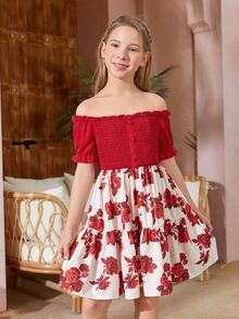 SHEIN Đầm Gái viền lá sen Viên lá sen Dải chun Nút phía trước Hoa Boho - Đỏ và trắng - Xem 3