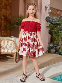 SHEIN Đầm Gái viền lá sen Viên lá sen Dải chun Nút phía trước Hoa Boho - Đỏ và trắng - Xem 4