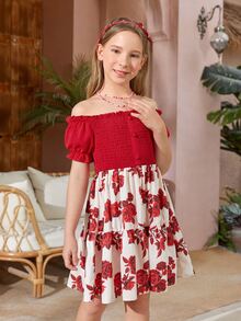 SHEIN Đầm Gái viền lá sen Viên lá sen Dải chun Nút phía trước Hoa Boho - Đỏ và trắng - Xem 5
