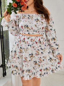 SHEIN VCAY Plus Floral Print Off Shoulder Crop Top & Skirt - Multicolor - View 2