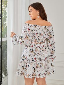 SHEIN VCAY Plus Floral Print Off Shoulder Crop Top & Skirt - Multicolor - View 3