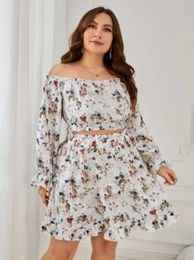 SHEIN VCAY Plus Floral Print Off Shoulder Crop Top & Skirt - Multicolor - View 1