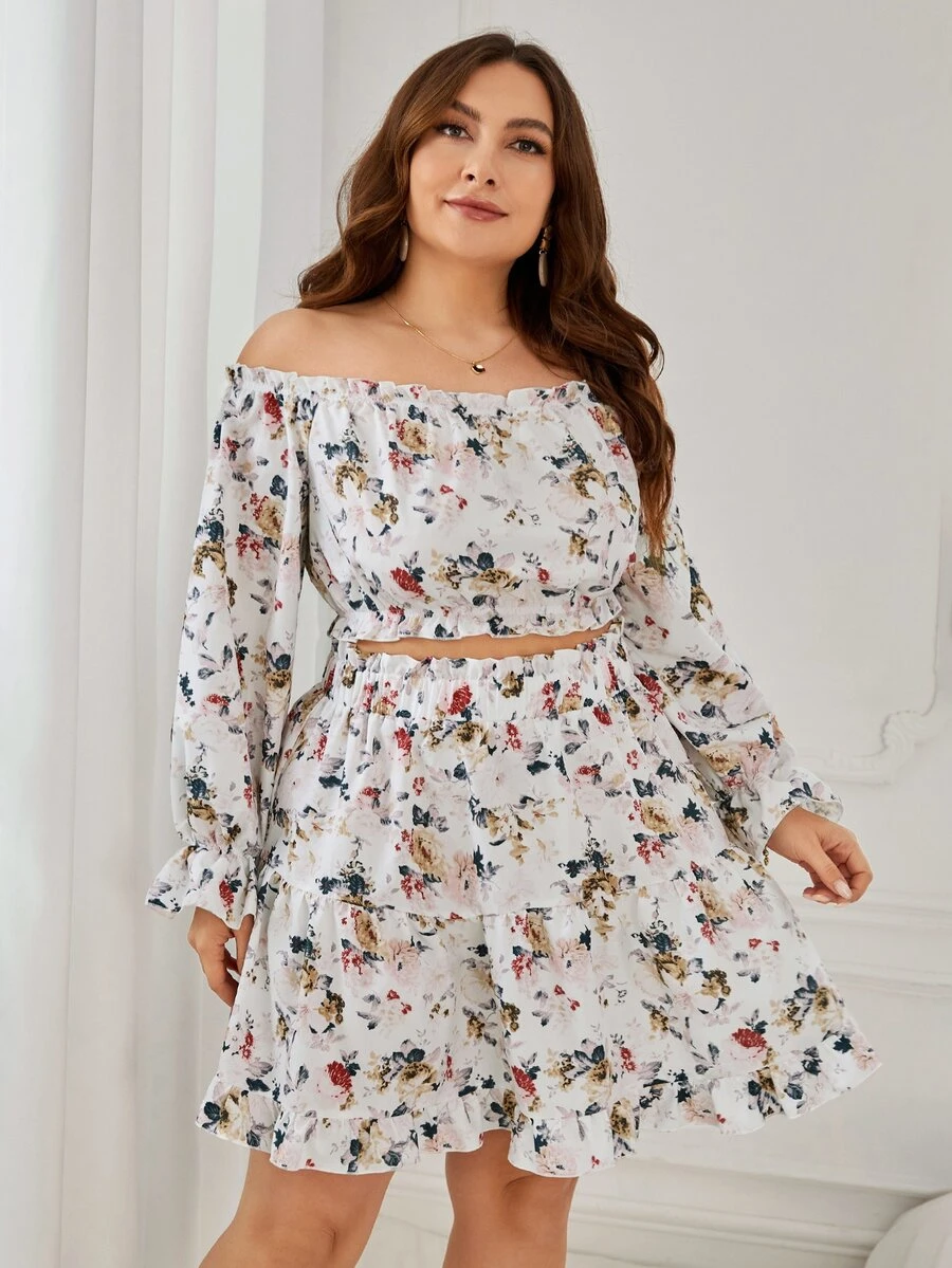 SHEIN VCAY Plus Floral Print Off Shoulder Crop Top & Skirt - Multicolor - View 1