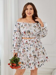 SHEIN VCAY Plus Floral Print Off Shoulder Crop Top & Skirt - Multicolor - View 5