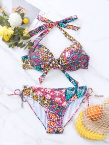 SHEIN Swim 夏季海滩曼陀罗印花比基尼套装前系带吊带聚拢上衣和侧系带下装 2 件套比基尼 - 彩色 - 查看 3