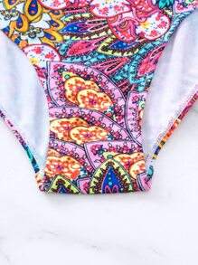 SHEIN Swim 夏季海滩曼陀罗印花比基尼套装前系带吊带聚拢上衣和侧系带下装 2 件套比基尼 - 彩色 - 查看 6