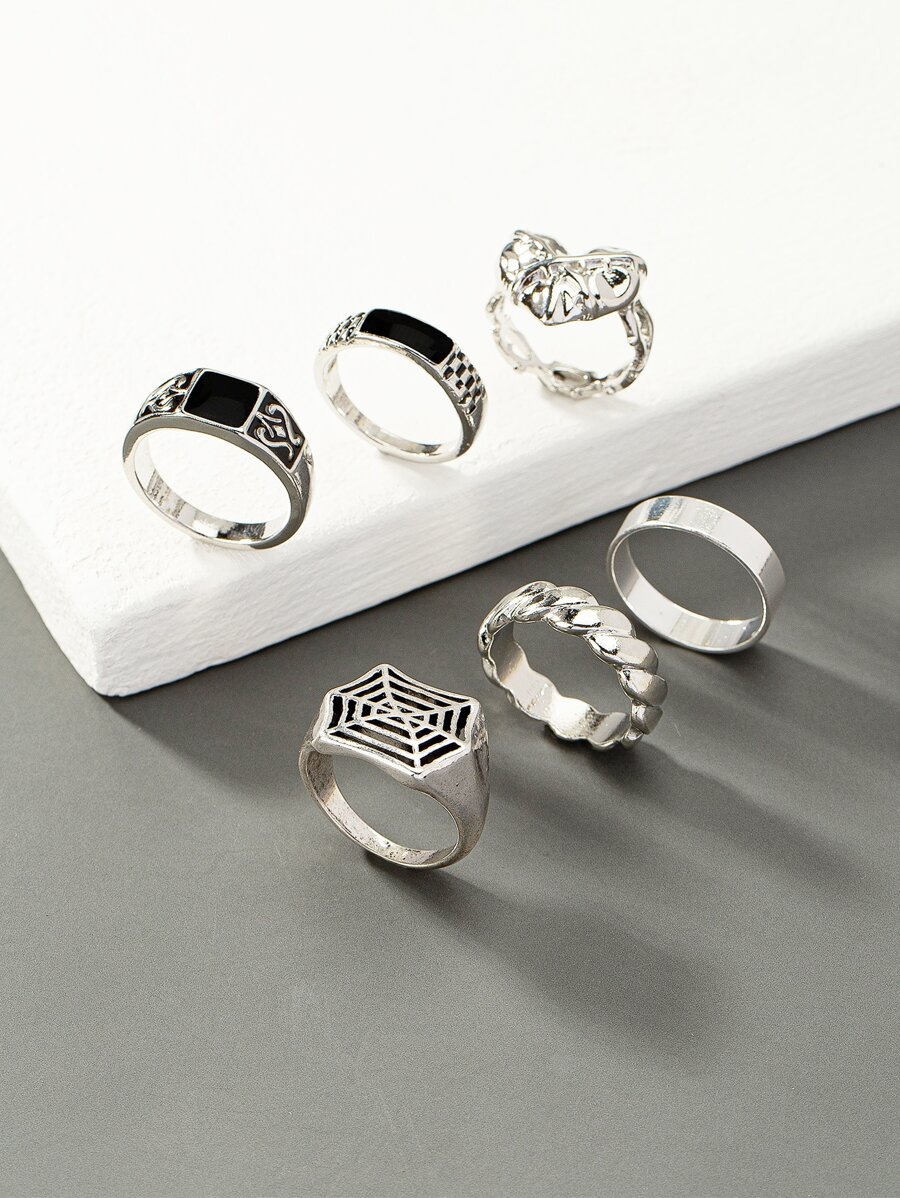 6pcs Men Spider Web Decor Ring - Silver - View 1