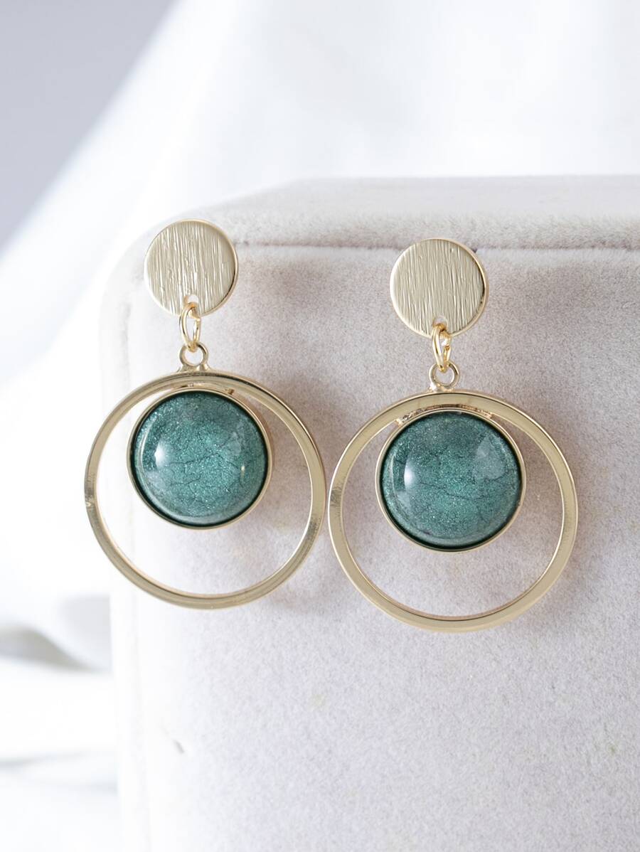 Pendientes largos con turquesa & círculo - Verde Oscuro - Ver 1