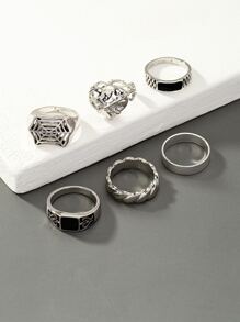 6pcs Men Spider Web Decor Ring - Silver - View 2