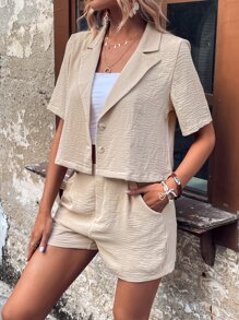 SHEIN Essnce Lapel Neck Single Breasted Blouse & Slant Pocket Shorts - Khaki - View 1