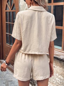 SHEIN Essnce Lapel Neck Single Breasted Blouse & Slant Pocket Shorts - Khaki - View 2