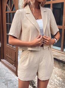 SHEIN Essnce Lapel Neck Single Breasted Blouse & Slant Pocket Shorts - Khaki - View 7