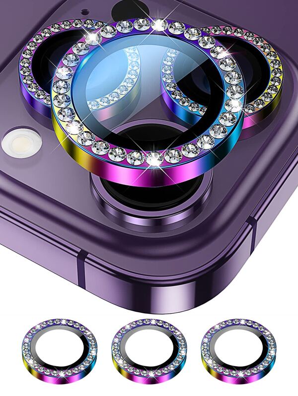 6 pièces Protecteur de lentille décoré de strass compatible avec iPhone15/15Plus/15Pro/15Promax. Cadeau pour l'anniversaire, la famille, les amis. Cristal scintillant, protecteur de lentille, accessoires de téléphone. Étanche, antichoc, anti-chute, anti-rayures, anti-traces de doigts, protection intégrale