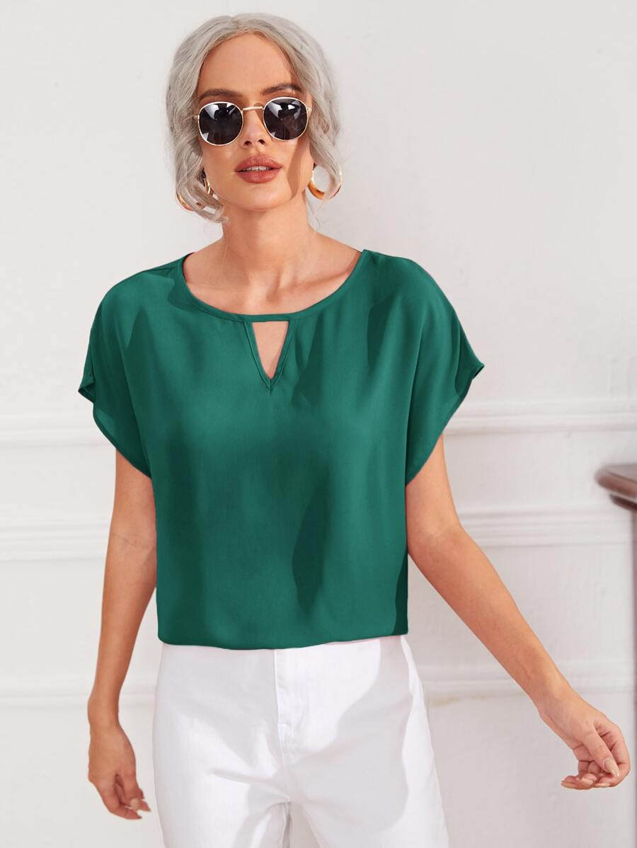 SHEIN LUNE 鎖眼領口蝙蝠袖襯衫 - 墨綠色 - 查看 1