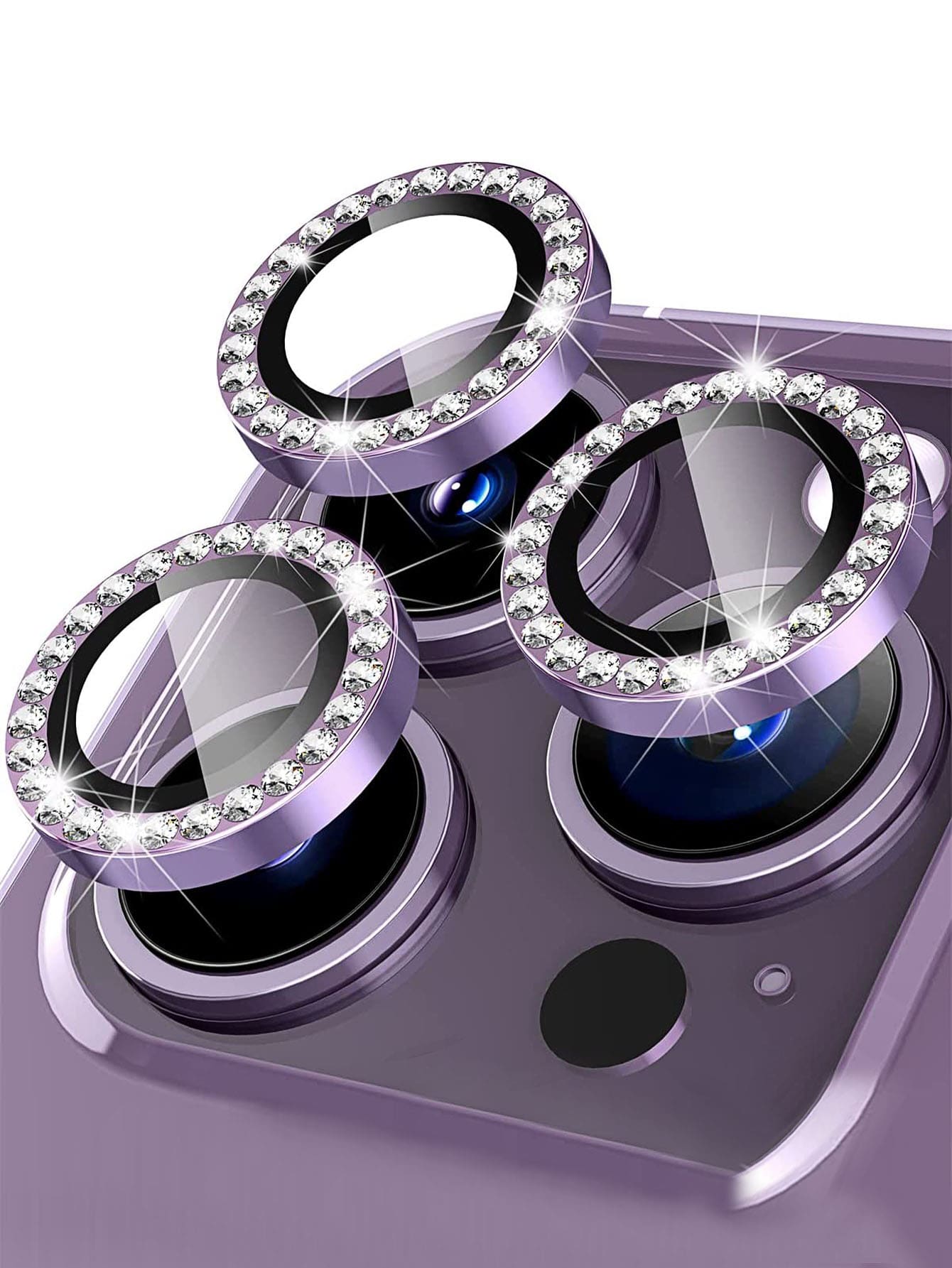 Protector de lente con decoración de diamantes de imitación de 3 piezas compatible con iPhone15/15Plus/15Pro/15Promax - Morado - Ver 1