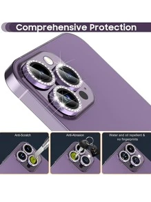 Protector de lente con decoración de diamantes de imitación de 3 piezas compatible con iPhone15/15Plus/15Pro/15Promax - Morado - Ver 3