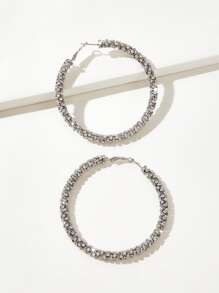 方晶鋯石裝飾圓耳環 - 銀色 - 查看 3